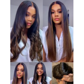 UNICE Chestnut Brown Ombre Yaki Straight 7x5 Pre Cut HD Lace Front Wigs Human Hair with Drawstring Bye Bye Knots Glueless Wig Pre Plucked Bleached Knots Natural Hairline 150% Density 22 inch