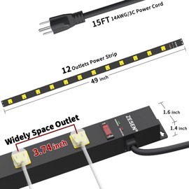 ZESEN ZESEN 12 Outlet Heavy Duty Workshop Metal Long Power Strip Surge Protector with 15ft Cord, Garage Workbench Multi Wide Industrial Outlet Power Strip, ETL Certified, Black