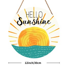 Summer Wreaths for Front Door Hello Sunshine Welcome Sign Summer Sunshine Decoration Wooden Door Hanger Sunset over Sea Farmhouse Hanging Plaque Sign for Home Porch Indoor Outdoor Outside 12”x12”