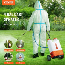 VEVOR 4 Gallon Battery Powered Backpack Sprayer with Wheeled Cart, Adjustable 0-94 PSI, 13FT Hose, 6 Nozzles, 2 Wands Included, Wide Mouth Lid for Weeding, Cleaning, Long Spray Time, White+Orange
