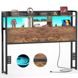 Unikito Headboard for Queen Size Bed with Storage Shelf, Head Board with 3 Outlets and 2 USB Ports, Headboards with RGB LED Light, Height Adjustable, Sturdy and Stable, Easy Assembly, Rustic Brown