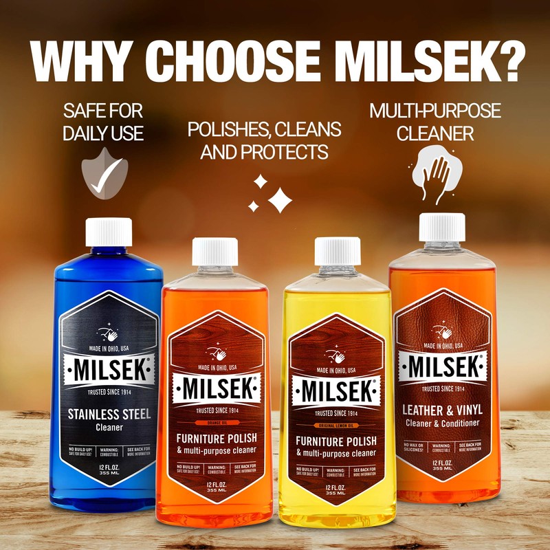 Milsek Furniture Polish Variety Pack: Lemon Oil, Orange Oil, Stainless
