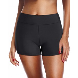 Zmart Women's 3" High Waisted Swim Shorts Full Coverage Swimsuit Bottoms Bathing Suit Boy Shorts Black L