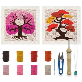 INFUNLY Set of 2 Abstract Tree Punch Needle Starter Kits Pink Tree of Life DIY Punch Needle Embroidery Set for Beginners Plants Cross Stitch Carpet Hooking Set with Instructions for Craft Lovers Home