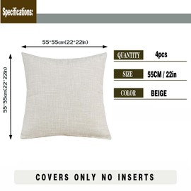 GONOVE Cushion Covers 55×55cm Solid Soft Cotton Linen Throw Pillow Cover Set of 4 Decorative Plain Pillowcase Square Cushion Cover for Home Sofa Bed Chair Décor, Beige