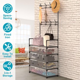 iMounTEK Coat Rack Entryway Hall Tree 5-Tier Dustproof Entryway Hall Tree Shoe Rack With 8 Removable Hooks Freestanding Shoe Storage Shelf Hat Clothes Organizer For Front Door Bedroom Entryway(Black)