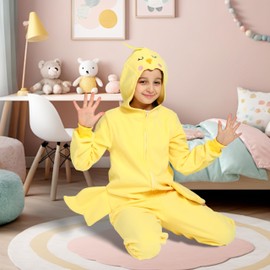 Sincere Party Chicken Onesie, Yellow Hooded Fleece Jumpsuit for Children, 2XL (12-14)