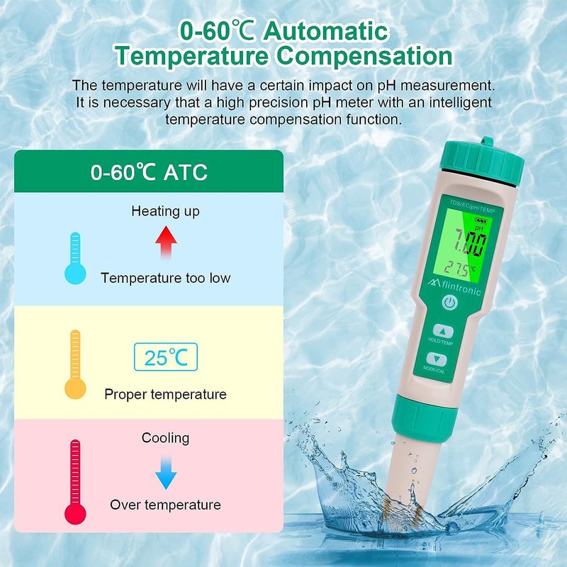 flintronic 4-in-1 PH Meter, PH/TDS/EC Temperature Tester with Backlight, 0-14