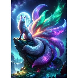 GDYEEH DIY 5D Nine-tailed Fox Diamond Art Kits, Fox Round Full Drill Sparkling Diamond Painting Picture, Moon Diamond Painting Art Kits Craft for Adults Beginners, Home Wall Decor 12x16 inch