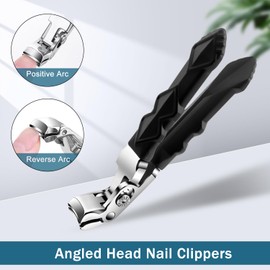 Black Long Handle Non-Slip Toenail Clippers for Seniors Thick Toenails, Heavy Duty Large Ergonomic Unique Professional Angled Head Curve Sharp Toe Finger Nail Clipper for Men and Women, 1 PC