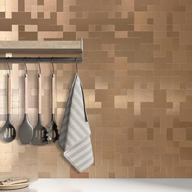 DICOFUN 10 Sheets Copper Peel and Stick Tile Backsplash, Stainless Steel Kitchen Metal Backsplash Tile, Stick on Backsplash for Stove, Brushed Gold