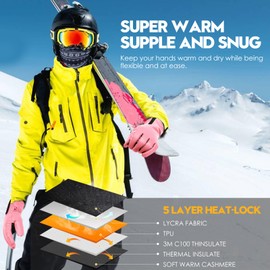 Bruvoalon Y322 Winter Gloves for Men & Women, -30℉ Waterproof Touchscreen 5-Layer Thermal Insulated Snow, Windproof Anti-Slip Ski Gloves for Cycling, Hiking, Driving, Work (Pink, Small)
