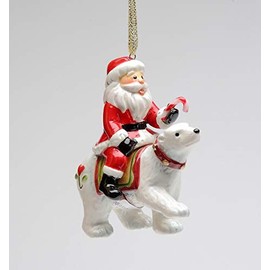 Fine Ceramic North Pole Santa Riding Polar Bear Christmas Tree Hanging Ornament, 3.25" H
