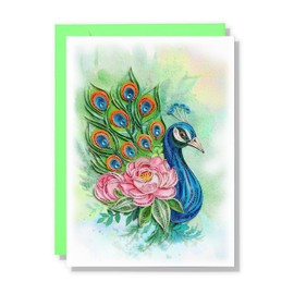 QUILLCRAFT Mother's Day Card, Peony and Peacock Greeting Card, Animal Quilled Quilling, Birth Month Flower Born in November Birthday, Mothers Day Card for Mom Grandma Friend (Peony and Peacock)