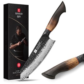XINZUO 7.6 Inch Sharp Damascus Santoku Knife, 67 Layers Damascus Steel Blade Kitchen Knife for Home and Kitchen,10Cr15CoMoV Steel Core,With Professional White Oak + Red G10 Gasket Handle