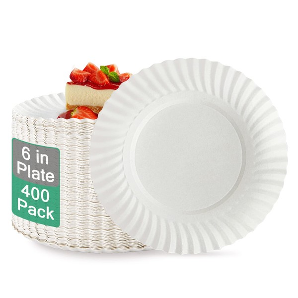 JOLLY PARTY 400 Pack 6 inch White Paper Plates Uncoated, Disposable Dessert Paper Plates, Light Weight 6" Round Paper Plates, Small Paper Plates for Home, Party, and Everyday Use