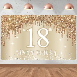 Happy 18th Birthday Banner Backdrop Decorations for Girls, Gold White Sweet 18 Birthday Sign Party Supplies, Eighteen Year Old Birthday Photo Booth Background Poster(72.8 x 43.3 Inch)