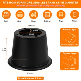 shouwuhho Bed Risers 2 inch, 3 Inch, Heavy Duty Round Furniture Risers Lifts 2" for Table, Desk Leg, Sofa, Couch, Adjustable Bed Frame Risers Supports Up to 6,000 Lbs, Black, 4 Pack