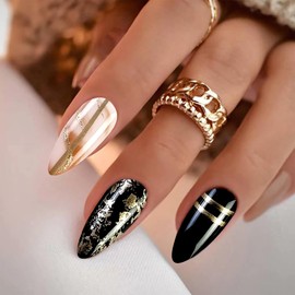 Marble Press on Nails Almond Luxury Glitter Fake Nails Medium Length Glue on Nails Almond Shape Nails Stick on with Gel Nail Glue Classic Gold Foil Style False Nials for Women Girls, Black&Pink