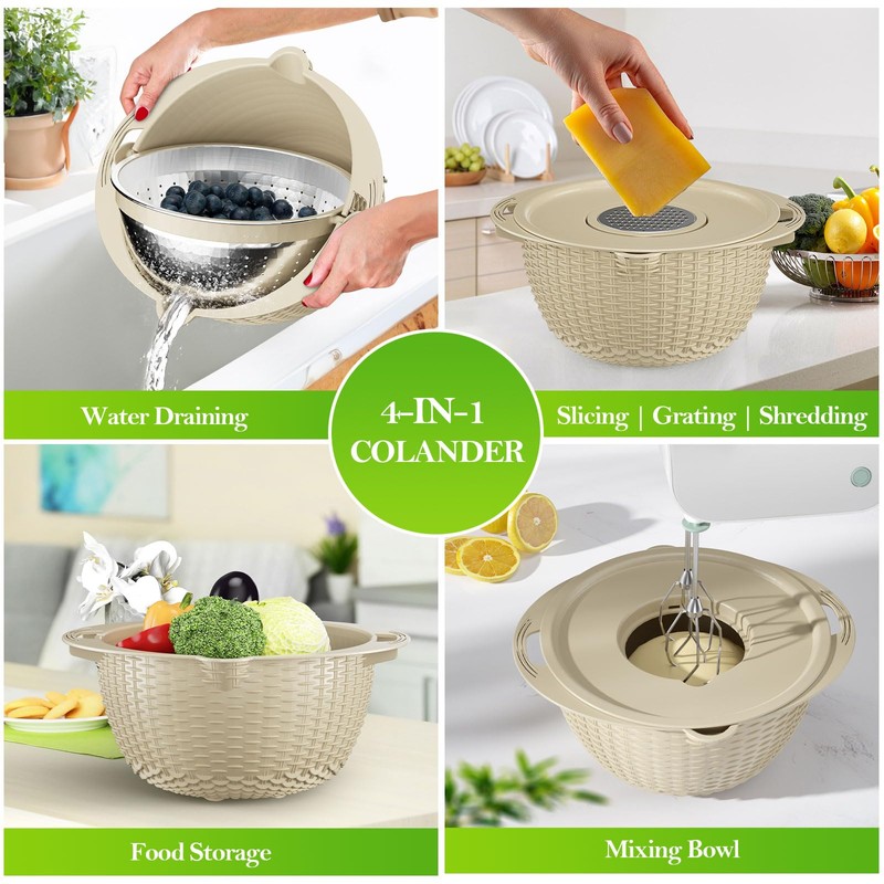 4-1 Colander with Bowl Set - Rotatable Strainers for Kitchen,