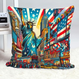 The Beach Stop Pop Art USA Flag New York Themed Accent Cushion Cover | Statue of Liberty pop Art Home Decor Inspo | Colourful Gift Idea for Men Women and Kids | 45x45cm 18x18” | Abstract New York