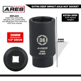 ARES 12040-36MM Axle Nut Socket - 6 Point Socket - Extra Deep 1/2-Inch Drive Impact Socket for Easy Removal of Axle Shaft Nuts