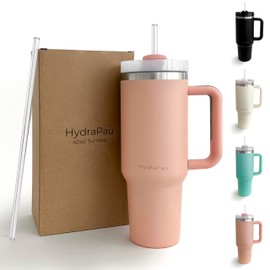 Shoppau HydraPau Quencher 40oz Tumbler With Handle, Lid, Straw - Double Wall Vacuum Insulation - Silicone Straw Grip - Car Cupholder Compatible - Dishwasher Safe - Recycled Stainless Steel (Peach)