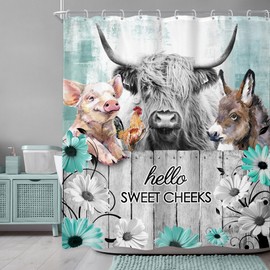 Newsely Rustic Funny Highland Cow Shower Curtain 60Wx72H Inch Teal Floral Daisy Farmhouse Western Animal Donkey Chicken Pig Bathroom Set Bull Wooden Waterproof Bath Decoration Accessories Home Decor