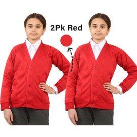 Bahob® 2 Pack Girls School Cardigan Fleece Sweatshirt Uniform Schoolwear Shirts Crew Long Sleeve TOP Pullover Jumper Round/V- Neck Age 2-14 Years (Red, 5-6 Years)