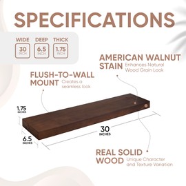 Homeforia Walnut Floating Shelves 30 Inches Long, Premium Solid Wood, Long White Floating Shelves for Living Room, Heavy Duty Bracket, 30 x 6.5 x 1.75 inch, Set of 2