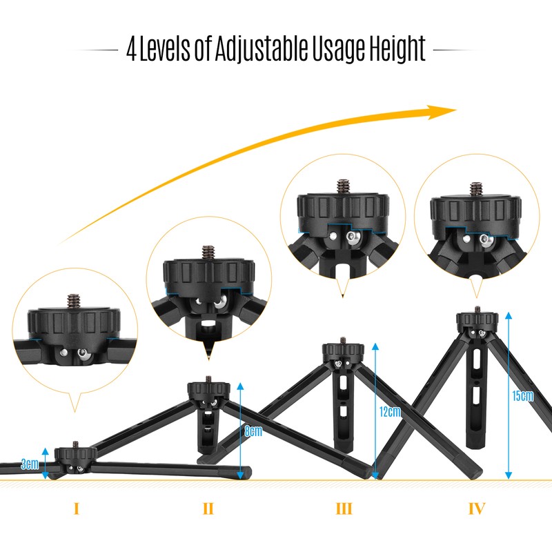 Desktop Metal Tripod Stand 1/4 inch Screw 4 Levels Adjustable