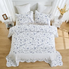 Soforpring 100% Cotton Bedspread California King Size - 120"x120" Blue Farmhouse Floral Quilt Set, Reversible Rustic Bedspread Coverlet with 2 Pillowshams, Soft Bedding Set 3pcs, White