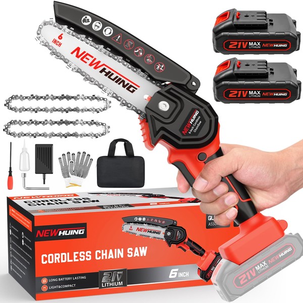 Mini Cordless Chainsaw Kit, Upgraded 6" One-Hand Handheld Electric Portable Chainsaw, 21V Rechargeable Battery Operated, for Tree Trimming and Branch Wood Cutting by New Huing