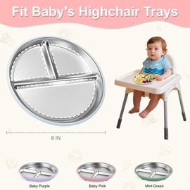 Bella's Friends Stainless Steel Kids Plates 8" Suction Plate for Baby,3 Packs Non-Toxic Divided Toddler Plates,Food-Grade Silicone Plate for Baby,Dishwasher Safe,purple,dark green,rose