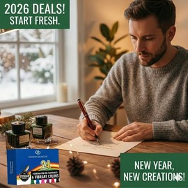 Dryden Designs Fountain Pen. Medium Nib Premium Box | 6 Ink Cartridges Included (Emerald Green)