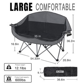 WILDROOTS Outdoor Folding Double Camping Chair Adults 2 Person,Heavy Duty 600 LBS Loveseat with 2 Cup Holder,Portable Carry Bag Included for Camping,Lawn,Backyard,Movie