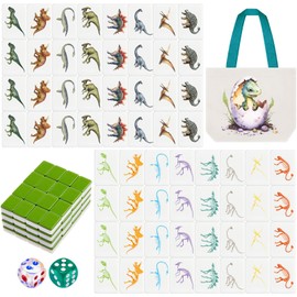 Hollowfly 65 Tiles 30 mm Dinosaur Mahjong Block Set with Storage Bags 2 Player Mahjong Push Tile Game Pattern No DIY Required for Friend Family Game Night Party Gift