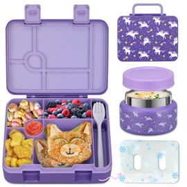 BEAQUEE Bento Lunch Box Kids and 9oz Soup Thermos – 5.5-Cup Leakproof Kids Bento Box with Ice Pack & 9oz Insulated Food Jar – Hot & Cold Food Lunch Container for Boy Girl School, Purple Set