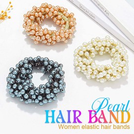 Reaky Pearl Hair Ties Beige Elastic Ponytail Holders Beaded Scrunchies 3 Pcs Stretchy Accessories for Women