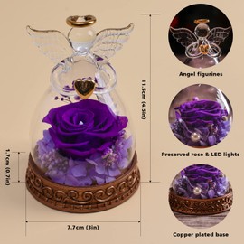 Aastin Angel Gifts for Women, Mom, Grandma, Preserved Real Rose in Glass Angel Figurine with LED Light, Rose Gifts on Mother's Day, Christmas, Birthday, Valentine's Day (Purple)