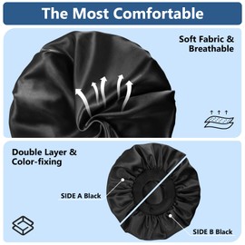 Silk Bonnets for Men, Satin Bonnet for Sleeping, Adjustable Hem & Double Layer, Large Sleep Bonnet for Curly Hair Braids Stay on All Night (Black)