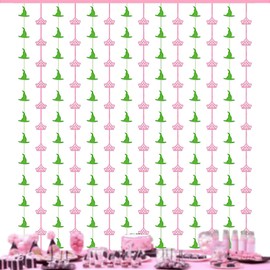 2 Pack Witch and Crown Streamers Backdrop Party Decoration 3.28 x 6.56 Ft Witch Party Decor Pink and Green Wizard Tinsel Foil Fringe Curtains