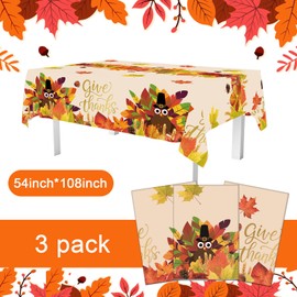 Mocsicka 3 Pack Thanksgiving Disposable Tablecloth Fall Maple Turkey Give Thanks Waterproof Rectangle Plastic Tablecloths for Friendgiving Party Decorations 108x54 Inch