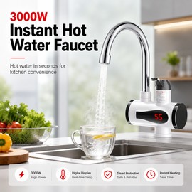 3000W Instant Hot Water Faucet for Kitchen Sinks – Electric Tankless Tap with LED Display & Swivel Spout