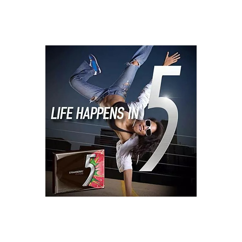 Five 5 Gum Strawberry Flood Sugarfree Gum, 15Piece (Pack of