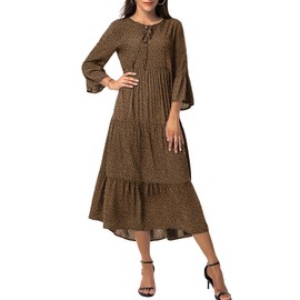 VIISHOW Women's Boho Leopard Print Ruffle 3/4 Sleeve V Neck Casual Flowy Party Midi Dress(Leopard Coffee,Small)