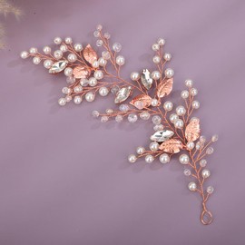 Teyglen Dainty Rhinestone Bridal Headband Crystal and Pearl Beads Hair Vine Rose Gold Leaf Headpiece Bride Hair Piece Wedding Hair Accessories for Women Girls (Rose Gold)