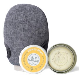 Bee Nature - Exfoliating soap with soap box - organic honey + exfoliating glove grey - face and body - ingrown hair - 100 g