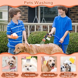 Upgrade Dog Washing Hose Attachment, 8 Way Spray Pattern Garden Hose Nozzle with Soap Dispenser, Dog Wash Supplies with 2 type Dog Bath Brush, Dog Comb and Toothbursh, Car Washing Mitt