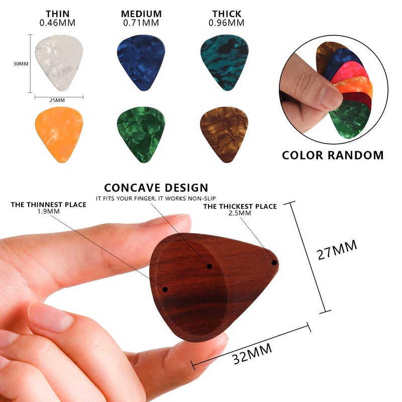 MYLYWOO Guitar Picks Holder with 7 Picks in 4 Thicknesses,